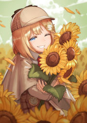 Rule 34 | 1girl, arimoto wataru, blonde hair, blue eyes, blurry, blurry background, brown capelet, brown skirt, capelet, day, deerstalker, dress, flower, grin, hair ornament, hat, highres, holding, holding flower, hololive, hololive english, long sleeves, looking at viewer, one eye closed, outdoors, plaid, plaid dress, plaid skirt, skirt, smile, sunflower, virtual youtuber, watson amelia