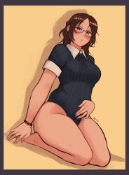 Rule 34 | 1girl, absurdres, akiosketch, blue-framed eyewear, blush, breasts, brown hair, closed mouth, full body, glasses, highres, jewelry, looking at viewer, medium breasts, medium hair, original, parted bangs, purple nails, ring, seiza, short sleeves, sitting, solo