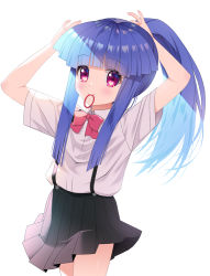 Rule 34 | 1girl, alternate hairstyle, arms up, black skirt, blue hair, blunt bangs, blush, bow, bowtie, bunching hair, commentary, cowboy shot, furude rika, gaou (babel), hair tie in mouth, higurashi no naku koro ni, long hair, looking at viewer, mouth hold, pink bow, pink bowtie, pleated skirt, ponytail, purple eyes, shirt, short sleeves, simple background, skirt, solo, suspender skirt, suspenders, white background, white shirt