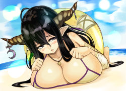 Rule 34 | 10s, 1girl, ahoge, bad id, bad pixiv id, beach, bikini, black hair, blush, breasts, danua, day, draph, granblue fantasy, horn ornament, horns, huge breasts, innertube, jewelry, long hair, looking at viewer, lying, necklace, on stomach, parted lips, pointy ears, rozario (akai rosario), sand, sky, solo, swim ring, swimsuit