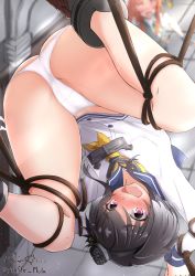 Rule 34 | 2girls, absurdres, anchor, anchor symbol, ass, bare legs, black hair, blush, bound, bound arms, bound legs, bound wrists, cameltoe, commentary request, dress, giraffe (ilconte), gradient hair, grey hair, hat, headgear, highres, kagerou (kancolle), kantai collection, long sleeves, looking at viewer, multicolored hair, multiple girls, open mouth, panties, sailor dress, shoes, short hair, short hair with long locks, sidelocks, smokestack hair ornament, tokitsukaze (kancolle), underwear, white panties