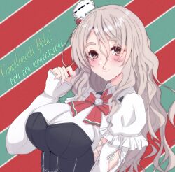 Rule 34 | 1girl, bodice, bow, bowtie, breasts, brown eyes, grey hair, hair between eyes, hat, italian text, kantai collection, large breasts, long hair, long sleeves, looking at viewer, mini hat, nitamako (sakamalh), pola (kancolle), red bow, red bowtie, shirt, smile, solo, striped, striped background, thick eyebrows, tilted headwear, translation request, upper body, wavy hair, white shirt