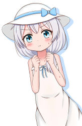 Rule 34 | 1girl, :t, blue bow, blue ribbon, blush, bow, closed mouth, collarbone, commentary request, dress, dutch angle, hair between eyes, hair over shoulder, hands up, hat, hat bow, highres, honkai (series), honkai impact 3rd, jiu (sdesd3205), long hair, pout, ribbon, silver hair, sleeveless, sleeveless dress, solo, sun hat, sweat, theresa apocalypse, v-shaped eyebrows, white background, white dress, white hat