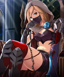 Rule 34 | 10s, 1girl, armor, bad id, bad pixiv id, belt, bikini armor, blade, blonde hair, breasts, brown eyes, chain, chair, chaos ruler (granblue fantasy), covered mouth, djeeta (granblue fantasy), gauntlets, granblue fantasy, hand on own cheek, hand on own face, head rest, hood, kanzaki kureha, crossed legs, looking at viewer, mask, medium breasts, midriff, mouth mask, navel, shorts, sitting, solo, weapon
