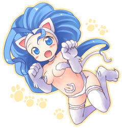Rule 34 | 1girl, animal ears, animal feet, animal hands, big hair, blue eyes, blue hair, blush, breasts, cat ears, cat girl, cat tail, claws, commentary request, emurin, fang, felicia (vampire), full body, long hair, looking at viewer, medium breasts, navel, open mouth, smile, solo, tail, vampire (game), white fur