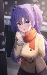 Rule 34 | 1girl, absurdres, alternate costume, arm behind back, blue archive, blurry, box, box of chocolates, casual, coat, commentary request, depth of field, door, fence, hair between eyes, hair ornament, halo, highres, hikkyou, long hair, long sleeves, looking at viewer, orange scarf, outdoors, parted lips, pleated skirt, purple eyes, purple hair, scarf, sidelocks, skirt, solo, two side up, valentine, visible air, winter clothes, winter coat, yuuka (blue archive)