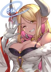 Rule 34 | bare shoulders, blonde hair, bra, braid, breasts, brown eyes, cleavage, eyes visible through hair, fur trim, gloves, granblue fantasy, grin, horn ornament, horn ribbon, horns, kumbhira (granblue fantasy), large breasts, lialight, long sleeves, multicolored hair, navel, one eye closed, pink hair, pointy ears, ribbon, simple background, smile, solo, two-tone hair, underwear, white background