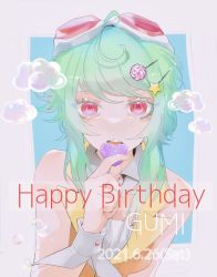 Rule 34 | 1girl, ahoge, alternate eye color, bare shoulders, bubble, candy, candy hair ornament, character name, commentary, dated, food, food-themed hair ornament, goggles, goggles on head, green hair, gumi, hair ornament, hairclip, happy birthday, heart, highres, hikaru (eme r oo), holding, holding heart, lollipop, looking at viewer, orange vest, red eyes, red goggles, short hair with long locks, sidelocks, solo, star (symbol), star hair ornament, upper body, vest, vocaloid, wrist cuffs