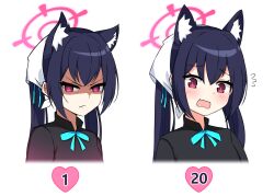 Rule 34 | 1girl, angry, animal ear fluff, animal ears, black hair, blue archive, cat ears, closed mouth, cropped torso, embarrassed, extra ears, halo, heart, long hair, looking at viewer, multiple views, nanju bami, official alternate costume, open mouth, pink halo, red eyes, serika (blue archive), sidelocks, simple background, twintails, waitress, white background