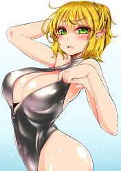 Rule 34 | 1girl, alternate costume, arm behind head, blonde hair, blush, breasts, cleavage, cleavage cutout, clothing cutout, female focus, front zipper swimsuit, green eyes, highres, large breasts, looking at viewer, meme attire, mizuhashi parsee, one-piece swimsuit, open mouth, pointy ears, roki (hirokix), short hair, simple background, solo, swimsuit, touhou, unzipped, wet, zipper