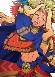 Rule 34 | 1girl, abs, aztec, blonde hair, bracer, chin piercing, earrings, eyelashes, fate/grand order, fate (series), happy, headdress, highres, jewelry, long hair, masuiiizo, midriff, muscular, muscular female, navel, open mouth, poncho, quetzalcoatl (fate), simple background, smile, solo, teeth, white background