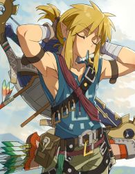 Rule 34 | 1boy, adjusting hair, armpits, arrow (projectile), bandaged arm, bandages, belt, blonde hair, blue shirt, blush, bow (weapon), brown belt, climbing set (zelda), closed eyes, cloud, day, enotou (enotou moi), green shorts, highres, link, male focus, mouth hold, nintendo, outdoors, pointy ears, pouch, quiver, shield, shield on back, shirt, shorts, sidelocks, sky, sleeveless, sleeveless shirt, the legend of zelda, the legend of zelda: breath of the wild, weapon, weapon on back