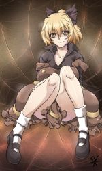 Rule 34 | 1girl, blonde hair, bow, breasts, brown eyes, dress, hair bow, kurodani yamame, making-of available, mary janes, ootsuki wataru, pigeon-toed, popped collar, shoes, short hair, sitting, smile, socks, solo, strap slip, touhou