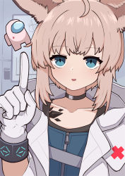 Rule 34 | 1girl, ahoge, among us, animal ears, arknights, blush, chalkboard, choker, coat, collarbone, crewmate (among us), english text, gloves, green eyes, highres, hood, hooded coat, index finger raised, jacy, light brown hair, looking at viewer, material growth, open mouth, oripathy lesion (arknights), short hair, smile, solo, sussurro (arknights), upper body, white coat, white gloves