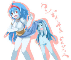 Rule 34 | &gt; &lt;, 00s, 2girls, artist request, blue hair, blue skin, blush, breasts, celsius, cleavage, clothes lift, colored skin, covering privates, covering nipples, closed eyes, fang, flat chest, hairband, large breasts, long hair, looking back, multiple girls, open mouth, panties, pantyshot, pink panties, red eyes, skirt, skirt lift, tales of (series), tales of eternia, torn clothes, underwear, undine