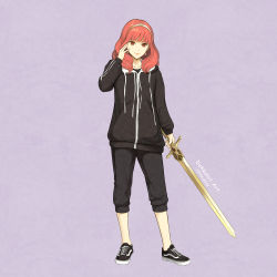 Rule 34 | 1girl, absurdres, alternate costume, artist name, black footwear, black hoodie, black pants, celica (fire emblem), commentary, contemporary, dakkalot, dated, earrings, english commentary, fire emblem, fire emblem echoes: shadows of valentia, fire emblem heroes, gold hairband, hairband, hand on own face, highres, holding, holding sword, holding weapon, hood, hoodie, jewelry, looking at viewer, medium hair, nintendo, no socks, pants, red eyes, red hair, shoes, sneakers, solo, standing, sword, track pants, vans, weapon