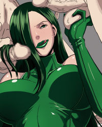 Rule 34 | breasts, butcha-u, caressing testicles, censored, erection, green eyes, green hair, green lips, hair over one eye, hairjob, large breasts, licking lips, lipstick, lowres, madame hydra, makeup, marvel, naughty face, penis, squeezing testicles, testicles, tongue, tongue out