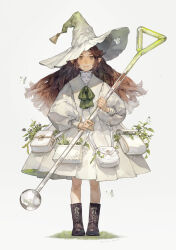 Rule 34 | 1girl, animal, bag, black footwear, boots, bow, bowtie, brown hair, bug, butterfly, closed mouth, cross-laced footwear, dress, full body, glass, glass stirring rod, gradient hat, grass, green bow, green bowtie, green eyes, green headwear, hair flaps, highres, holding, insect, lace-up boots, long hair, long sleeves, looking at viewer, messenger bag, original, pinafore dress, plant, pleated dress, pointy ears, puffy long sleeves, puffy sleeves, satchel, shirt, shoulder bag, sidelocks, simple background, sleeveless, sleeveless dress, smile, solo, stirring rod, white background, white butterfly, white dress, white headwear, white shirt, yoshioka (haco)