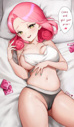 Rule 34 | 1girl, aqua nails, artist name, bed sheet, black panties, breasts, cleavage, cleft of venus, commentary, condom, condom wrapper, curly hair, eden (shiroki yuutsu), english commentary, english text, fingernails, highres, large breasts, looking at viewer, lying, nail polish, on back, open mouth, original, panties, pillow, pink hair, short hair, smile, solo, speech bubble, sweat, teeth, thighs, underwear, upper teeth only, vanilla (eden (shiroki yuutsu)), yellow eyes