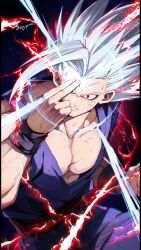 Rule 34 | 1boy, artist name, bb m0024, black background, black wristband, collarbone, commentary request, dougi, dragon ball, dragon ball super, dragon ball super super hero, electricity, energy, gohan beast, grey hair, hand on forehead, hand up, highres, looking at viewer, male focus, muscular, muscular male, parted lips, pectorals, red eyes, sash, scratches, solo, son gohan, spiked hair, twitter username, v-shaped eyebrows, wristband