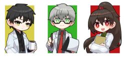 Rule 34 | 1girl, 2boys, ayin (project moon), benjamin (project moon), black shirt, brown hair, carmen (project moon), closed mouth, coat, collared shirt, cup, glasses, green eyes, green shirt, grey shirt, high ponytail, highres, holding, holding cup, holding pen, lab coat, lobotomy corporation, long hair, looking at viewer, multiple boys, open mouth, patrasche 1599, pen, project moon, red eyes, shirt, simple background, smile, very long hair, white background, white coat, yellow eyes