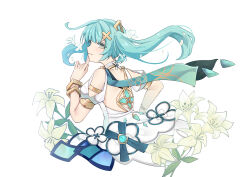 Rule 34 | 1girl, absurdres, aqua hair, armlet, bare shoulders, bracelet, clothing cutout, commentary request, dress, faruzan (genshin impact), flower, genshin impact, grey eyes, hair ornament, hand up, highres, jewelry, long hair, looking at viewer, qingye ling, shoulder cutout, sideless dress, sideless outfit, simple background, smile, solo, twintails, white background, white dress, white flower, x hair ornament