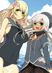 Rule 34 | 2girls, :d, absurdres, alara, alternate costume, atago (kancolle), atago (kancolle) (cosplay), bad id, bad pixiv id, bare shoulders, black legwear, blonde hair, blue eyes, blue sky, breasts, cloud, cosplay, costume switch, covered navel, crop top, day, flower, frilled sleeves, frills, green eyes, hair flower, hair ornament, hat, highres, kantai collection, large breasts, long hair, long sleeves, multiple girls, one-piece swimsuit, open mouth, pantyhose, ro-500 (kancolle) (cosplay), ro-500 (kancolle), school swimsuit, school uniform, serafuku, sideboob, sky, smile, swimsuit, tan, water, white hair