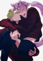 Rule 34 | 2boys, animal ears, blonde hair, blurry, cat boy, cat ears, cat tail, closed eyes, closed mouth, depth of field, gojou satoru, hair between eyes, hand on another&#039;s ass, highres, holding hands, hug, jujutsu kaisen, long sleeves, looking at another, male focus, multiple boys, nanami kento, nekonii, open mouth, red shirt, shirt, short hair, simple background, smile, tail, twitter username, watermark, white background, yaoi
