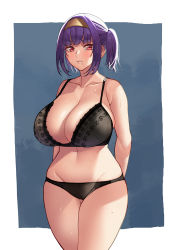 Rule 34 | 1girl, absurdres, arms behind back, black bra, black panties, blood hood, blue background, blunt bangs, blush, border, bra, breasts, cleavage, closed mouth, curvy, ella (blood hood), gold hairband, hairband, highres, huge breasts, large breasts, looking at viewer, looking to the side, mole, mole under mouth, navel, original, panties, purple hair, red eyes, side ponytail, sidelocks, solo, stomach, sweat, thighs, underwear, white border, wide hips