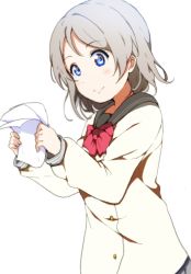 Rule 34 | 10s, 1girl, bad id, bad pixiv id, blue eyes, bow, bowtie, brown hair, grey hair, highres, holding, holding paper, icehotmilktea, long sleeves, love live!, love live! sunshine!!, paper, papers, school uniform, serafuku, short hair, simple background, smile, solo, watanabe you, white background