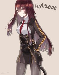 Rule 34 | absurdres, after suko, character name, girls&#039; frontline, gloves, highres, long hair, necktie, pantyhose, purple hair, red eyes, shirt, side ponytail, signature, solo, tsurime, wa2000 (girls&#039; frontline)