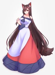 Rule 34 | 1girl, animal ears, brown hair, commentary request, dress, full body, hashi2387, highres, imaizumi kagerou, long dress, long hair, multicolored clothes, multicolored dress, off-shoulder dress, off shoulder, own hands together, red eyes, simple background, smile, solo, standing, tail, touhou, very long hair, white background, wolf ears, wolf girl, wolf tail