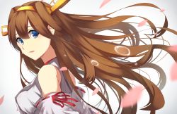 Rule 34 | 10s, 1girl, ashiwara yuu, back, bare shoulders, blue eyes, blush, breasts, brown hair, cherry blossoms, detached sleeves, double bun, hair ornament, hairband, headgear, japanese clothes, kantai collection, kongou (kancolle), long hair, looking back, nontraditional miko, open mouth, personification, petals, ribbon-trimmed sleeves, ribbon trim, solo, tears