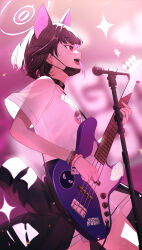 Rule 34 | 1girl, animal ears, bass guitar, black choker, black hair, black mask, blue archive, bracelet, cat ears, cat girl, choker, commentary request, dolce (dolsuke), electric guitar, extra ears, guitar, halo, highres, holding, holding instrument, instrument, jewelry, kazusa (band) (blue archive), kazusa (blue archive), mask, mask pull, microphone, mouth mask, multicolored hair, music, official alternate costume, open mouth, pink hair, shirt, short sleeves, singing, solo, sparkle, two-tone hair, white halo, white shirt