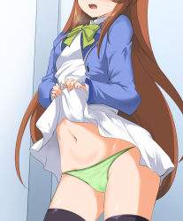 Rule 34 | 1girl, amamiya mimori, black thighhighs, blazer, blue jacket, blush, bow, breasts, brown hair, clothes lift, dress, dress lift, green bow, green panties, head out of frame, heavy breathing, highres, jacket, lifted by self, long hair, momio, navel, open mouth, panties, school uniform, shadowverse, shadowverse (anime), shiny skin, sidelocks, skirt, skirt hold, skirt lift, small breasts, stained panties, sweat, thighhighs, underwear, very long hair, wet, wet clothes, wet panties, white dress, window