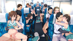 Rule 34 | 6+girls, all fours, alp, barefoot, baseball uniform, black hair, blush, bottomless, breasts, breath, brown hair, bus, bus interior, censored, cheer girl wo ecchi na me de miru nante saiteette itteta ano musume ga..., cheerleader, closed eyes, clothed sex, embarrassed, feet, grabbing, grabbing another&#039;s breast, grabbing from behind, group sex, highres, kiss, large breasts, long hair, midriff, mosaic censoring, motor vehicle, multiple girls, navel, no panties, open mouth, orgy, original, panties, unworn panties, penis, pussy, reverse upright straddle, sex, sex from behind, short hair, sitting, skirt, unworn skirt, sportswear, straddling, toes, twintails, underwear, upright straddle, yellow eyes