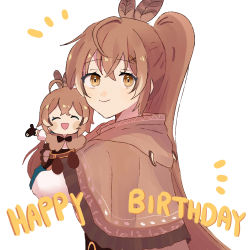 Rule 34 | 1girl, ahoge, birthday, brown capelet, brown cloak, brown corset, brown eyes, brown hair, capelet, cloak, corset, english text, feather hair ornament, feathers, hair ornament, hairclip, happy birthday, hieroglyphics, highres, hololive, hololive english, long hair, mogufuuri, multicolored hair, multiple persona, nanashi mumei, ponytail, shirt, smol mumei, streaked hair, very long hair, virtual youtuber, white shirt