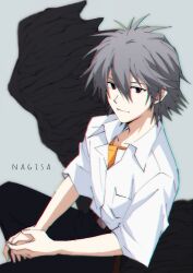 Rule 34 | 1boy, absurdres, belt, black background, black pants, brown belt, character name, closed mouth, collared shirt, grey background, grey hair, highres, male focus, multicolored background, nagisa kaworu, neon genesis evangelion, official style, orange shirt, pants, parody, red eyes, shirt, short hair, short sleeves, solo, spiked hair, style parody, tousok, white shirt