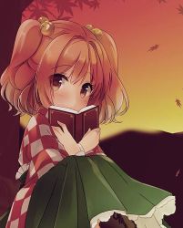 Rule 34 | 1girl, bell, book, checkered clothes, checkered kimono, hair bell, hair ornament, japanese clothes, kimono, motoori kosuzu, red eyes, red hair, sen1986, short hair, solo, sunset, touhou, twintails, two side up, wide sleeves