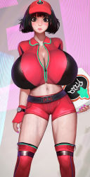 Rule 34 | 1girl, absurdres, borrowed character, breasts, brown hair, cleavage, female focus, fingerless gloves, food, gloves, hat, highres, huge breasts, lipstick, makeup, midriff, nail polish, pizza, pizza delivery, pizza takeout obscenity, randy (awesomevillage), rika yagyu, short hair, simple background, solo, standing, umemaro, visor, visor cap, watch, white background, zipper