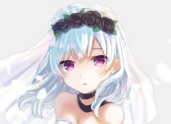 Rule 34 | 1girl, absurdres, bare shoulders, black choker, blue hair, breasts, bridal veil, choker, commentary request, eyebrows hidden by hair, frills, fuyu (xxfylia), grey background, hair between eyes, highres, kaifu naru, long hair, looking at viewer, parted lips, purple eyes, see-through, simple background, small breasts, solo, station memories, strapless, teeth, upper body, upper teeth only, veil