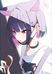 Rule 34 | 1girl, absurdres, animal ears, black choker, black hair, black mask, blue archive, cat ears, choker, collarbone, extra ears, halo, highres, kazusa (band) (blue archive), kazusa (blue archive), mask, microphone, mochini, mouth mask, official alternate costume, pink hair, pink halo, red eyes, shirt, short hair, short sleeves, solo, surgical mask, upper body, white shirt
