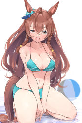 Rule 34 | 1girl, absurdres, ahoge, animal ears, bikini, blue bikini, blue eyes, bow, braid, breasts, brown eyes, brown hair, cleavage, commentary request, highres, horse ears, horse girl, horse tail, kneeling, kntrs (knyrs), large breasts, long hair, looking at viewer, mejiro bright (umamusume), smile, solo, striped, striped bow, swimsuit, tail, twin braids, umamusume, water, wavy hair