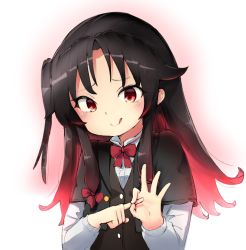 Rule 34 | 10s, 1girl, :q, bad id, bad pixiv id, black hair, black jacket, blush, bow, bowtie, brown vest, closed mouth, commentary request, deep shine, gradient hair, hair bow, head tilt, jacket, layered sleeves, long hair, long sleeves, looking at viewer, multicolored hair, one side up, penetration gesture, red bow, red bowtie, red eyes, red hair, ryuuou no oshigoto!, shirt, short over long sleeves, short sleeves, sidelocks, smile, solo, tongue, tongue out, vest, white shirt, yashajin ai