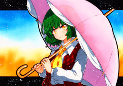 Rule 34 | 1girl, :d, ascot, bad id, bad pixiv id, blue background, blush, buttons, collared shirt, dress shirt, green hair, head tilt, holding, holding umbrella, kazami yuuka, long sleeves, looking at viewer, multicolored background, open clothes, open mouth, open vest, orange background, orange eyes, pink umbrella, qqqrinkappp, red vest, shirt, short hair, smile, solo, touhou, traditional media, umbrella, upper body, vest, white shirt, yellow ascot