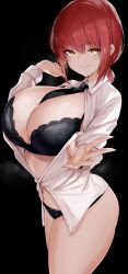 Rule 34 | 1girl, absurdres, black bra, black necktie, black panties, bra, braid, braided ponytail, breasts, chainsaw man, cleavage, collared shirt, dress shirt, highres, lace, lace-trimmed bra, lace trim, large breasts, long hair, long sleeves, looking at viewer, makima (chainsaw man), maruyaa (malya1006), navel, necktie, open clothes, open shirt, panties, red hair, ringed eyes, shirt, sidelocks, smile, solo, thighs, underwear, white shirt, yellow eyes