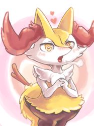 Rule 34 | 1girl, animal ear fluff, animal ears, animal nose, black fur, blush, body fur, braixen, breath, cowboy shot, creatures (company), fang, female focus, fox ears, fox girl, furry, furry female, game freak, gen 6 pokemon, hands up, happy, heart, heart-shaped pupils, heart background, lowres, multicolored fur, neck fur, nintendo, nose blush, nousen, open mouth, own hands together, pokemon, pokemon (creature), simple background, snout, solo, standing, symbol-shaped pupils, white fur, yellow eyes, yellow fur