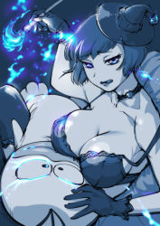 Rule 34 | 1girl, :q, black hair, blue eyes, bob cut, bra, breasts, character request, choker, cleavage, fictional persona, gloves, hat, licking lips, lingerie, looking at viewer, lying, medium breasts, mini hat, obake no q-tarou, q-tarou, short hair, sitting, spot color, strap gap, thighhighs, tongue, tongue out, ueyama michirou, underwear, witch hat