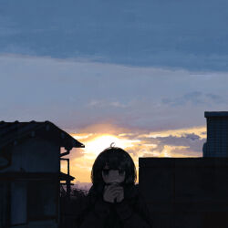 Rule 34 | 1girl, absurdres, black eyes, black hair, black jacket, building, cloud, hands up, highres, house, jacket, looking at viewer, original, outdoors, own hands together, power lines, short hair, sky, solo, sun, sunrise, uniunimikan, upper body, winter clothes