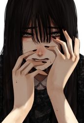 Rule 34 | 1girl, black hair, black nails, crying, crying with eyes open, highres, hoshi san 3, long hair, looking at viewer, nail polish, open mouth, original, shirt, simple background, solo, sweat, tears, white background, white shirt, yamifuka-san (hoshi san 3)
